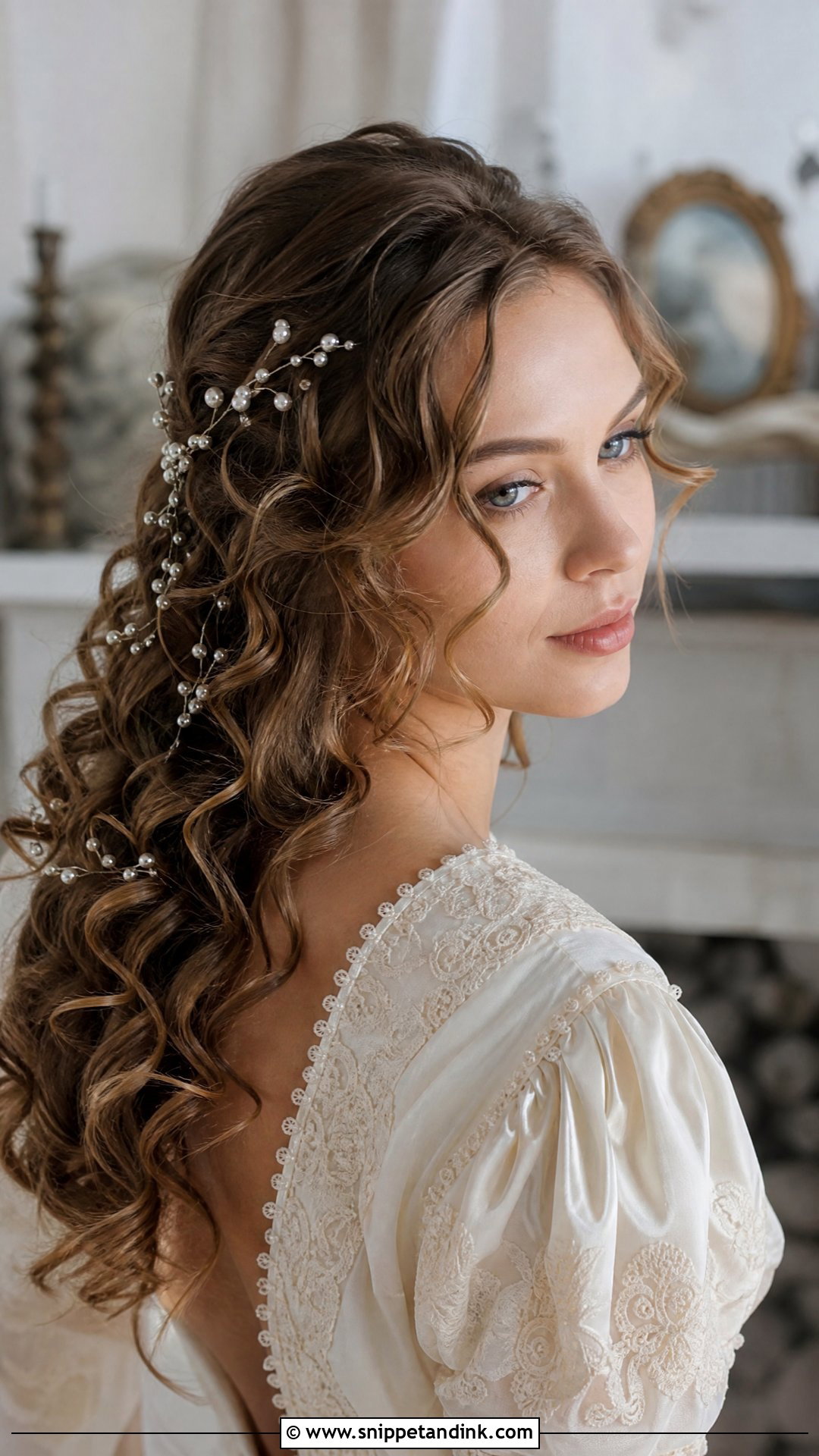 Loose Curls With A Pearl Hair Vine - Snippet and Ink - 30 Hair Down Wedding Styles