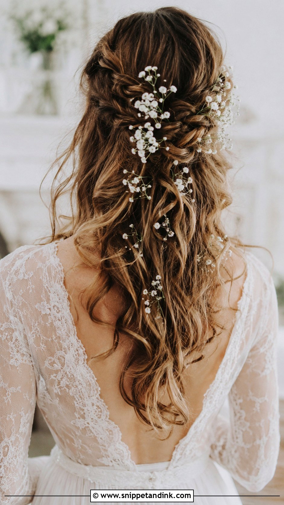 Loose Curls With Babys Breath Wedding Hairstyle - Snippet and Ink - 20 Loose Curls Wedding Hairstyles