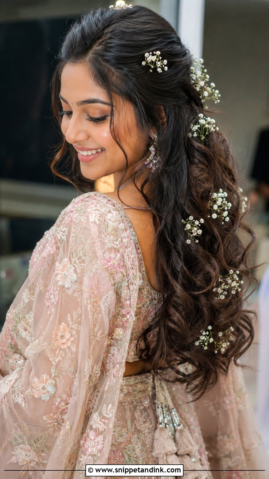 Loose Curls With Babys Breath - Snippet and Ink - 25 Indian Wedding Open Hair Hairstyles