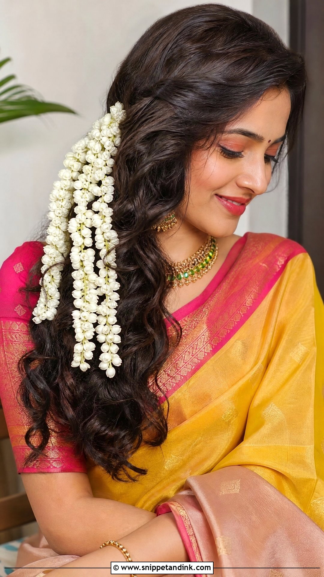 Loose Curls With Floral Gajra - Snippet and Ink - 20 Open Hairstyle for Wedding Functions Ideas