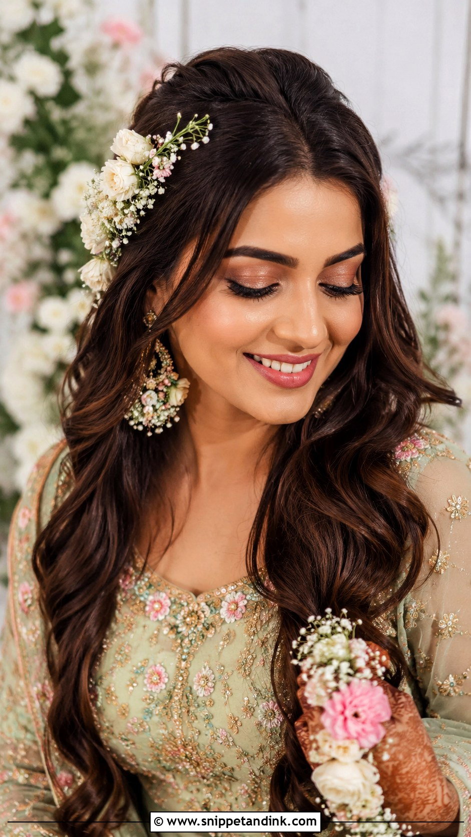 Loose Curls With Floral Jewelry - Snippet and Ink - 15 Mehndi Bridal Hairstyle Ideas