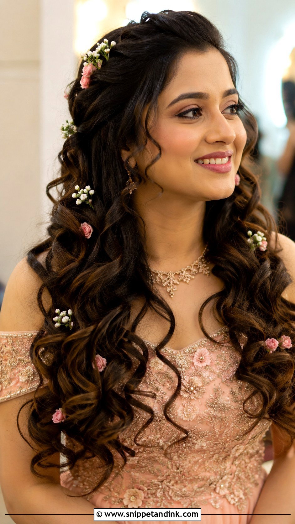 Loose Curls With Floral Pins - Snippet and Ink - 20 South Indian Bridal Wedding Hairstyles