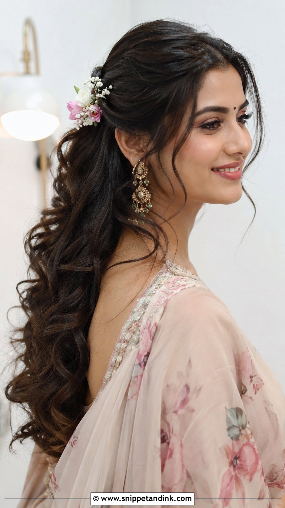 Loose Curls With Flower Accents - Snippet and Ink - 20 Seemantham Hairstyle Ideas