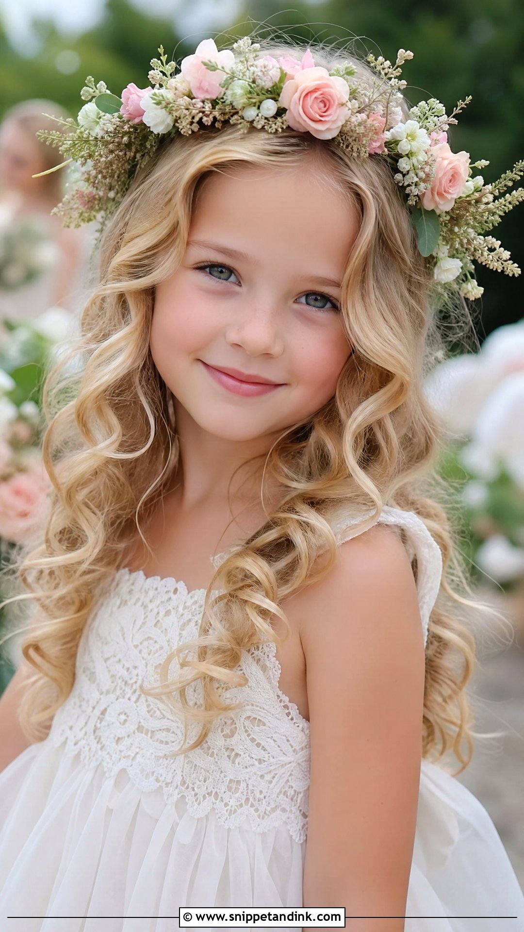 Loose Curls With Flower Crown - Snippet and Ink - 20 Kids Hair Styles for Wedding