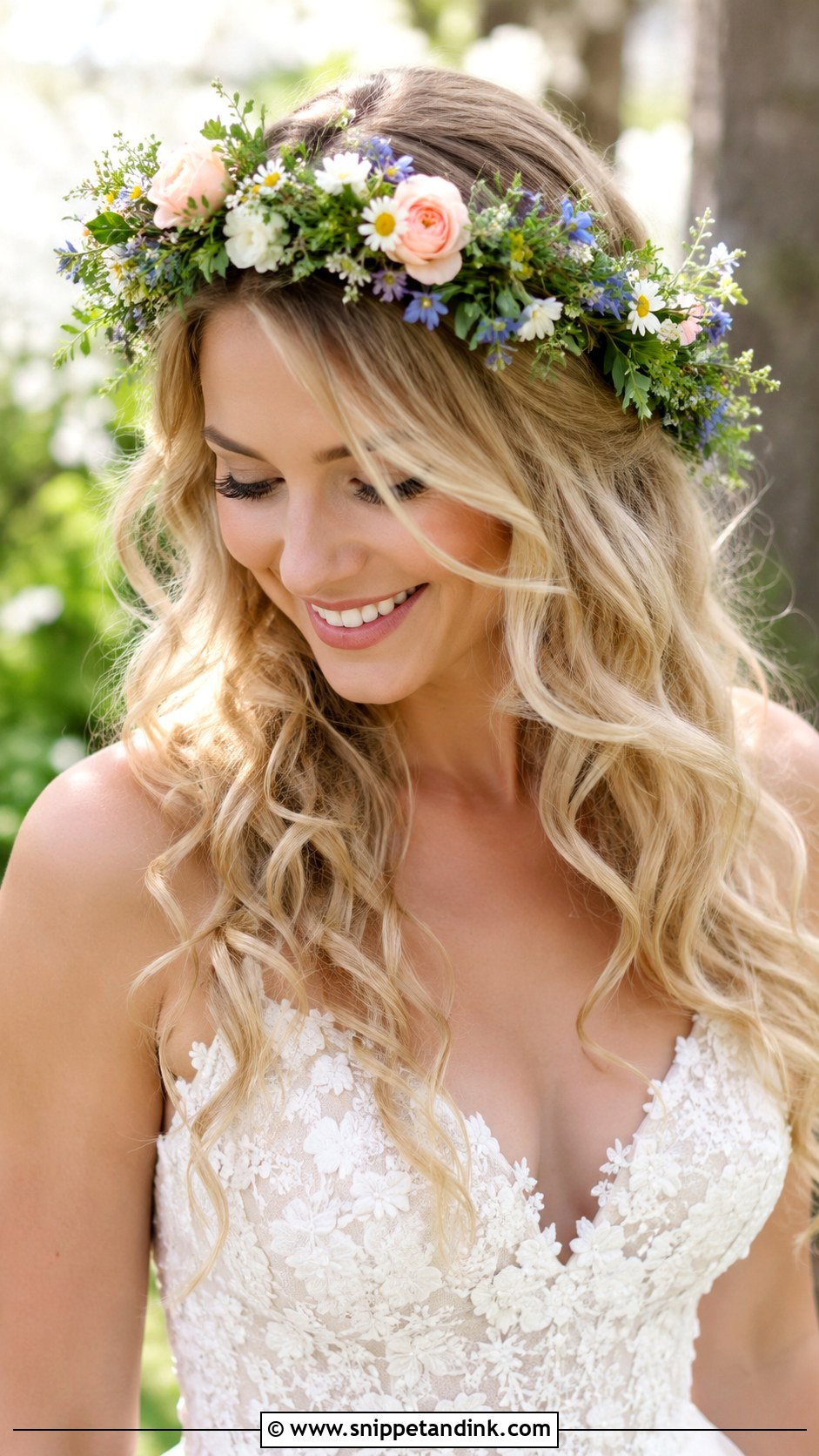 Loose Curls With Flower Crown - Snippet and Ink - 25 Easy Hairstyles for Long Hair Wedding