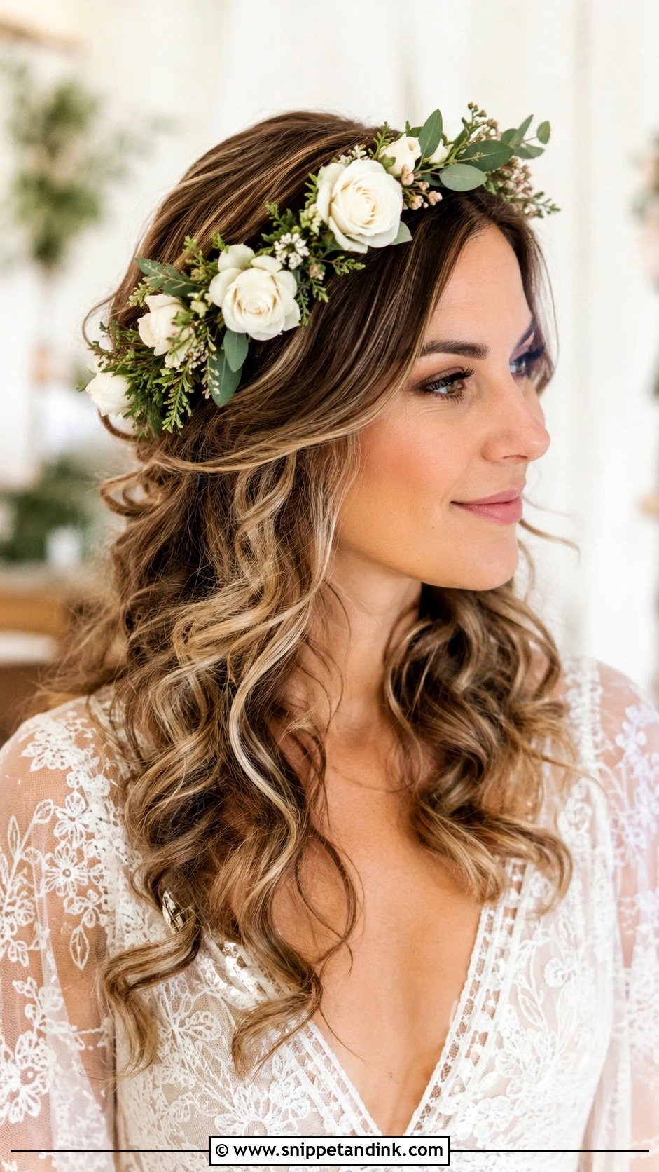 Loose Curls With Flower Crown Wedding Hairstyle - Snippet and Ink - 20 Loose Curls Wedding Hairstyles