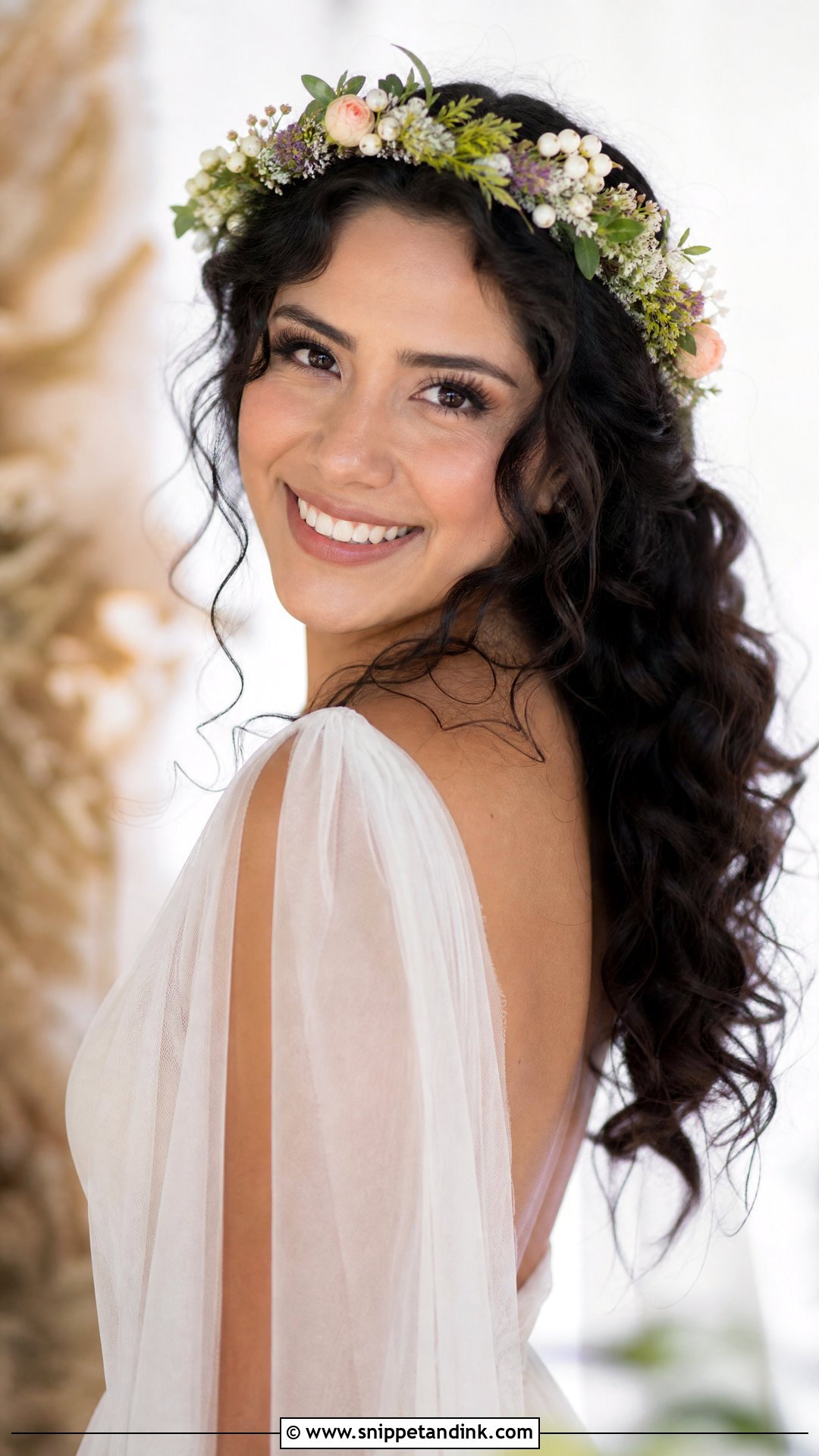 Loose Curls With Flower Crown - Snippet and Ink - 20 Bridal Hair Style Ideas