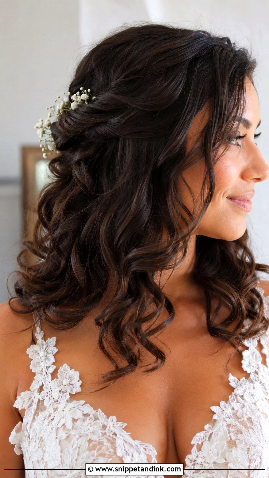 Loose Curls With Flowers Medium Length Wedding Hair - Snippet and Ink - 15 Loose Curls Medium Length Wedding Hair