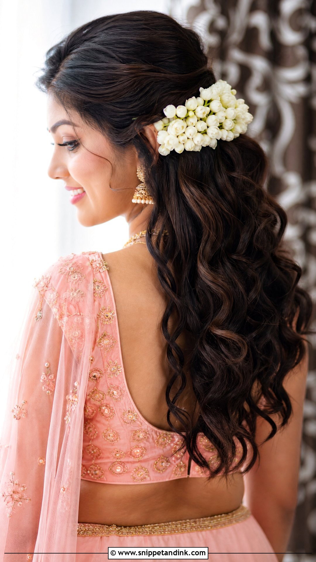 Loose Curls With Gajra Accent - Snippet and Ink - 20 Tamil Wedding Hairstyle Ideas