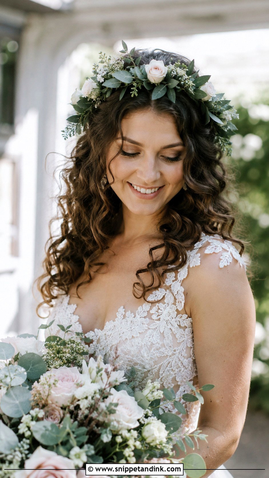Loose Curls With Greenery And Flowers - Snippet and Ink - 20 Bridal Hair with Flower Crown Ideas