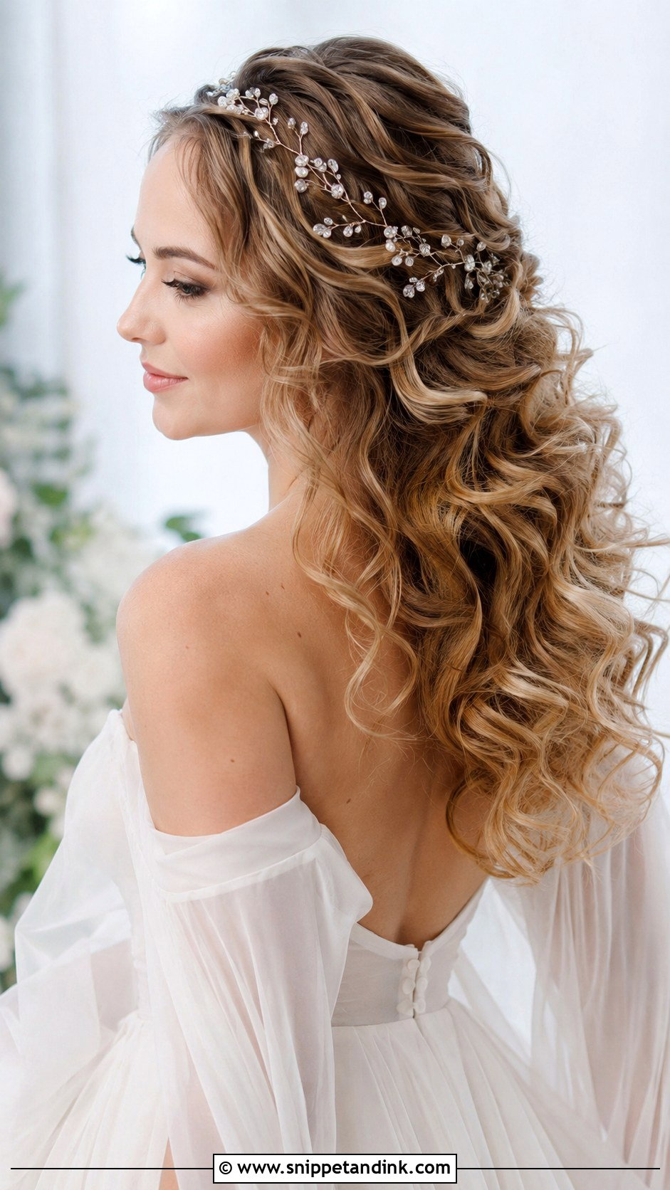 Loose Curls With Hair Vine Wedding Hair - Snippet and Ink - 20 Long Curls Wedding Hair