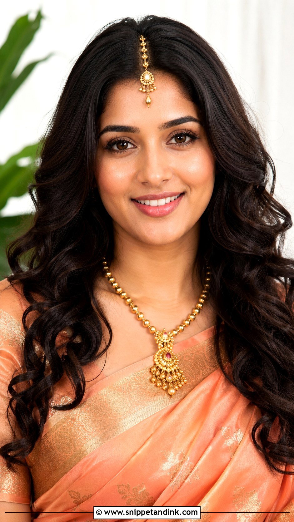 Loose Curls With Maang Tikka - Snippet and Ink - 25 South Indian Bride Engagement Hairstyle Ideas