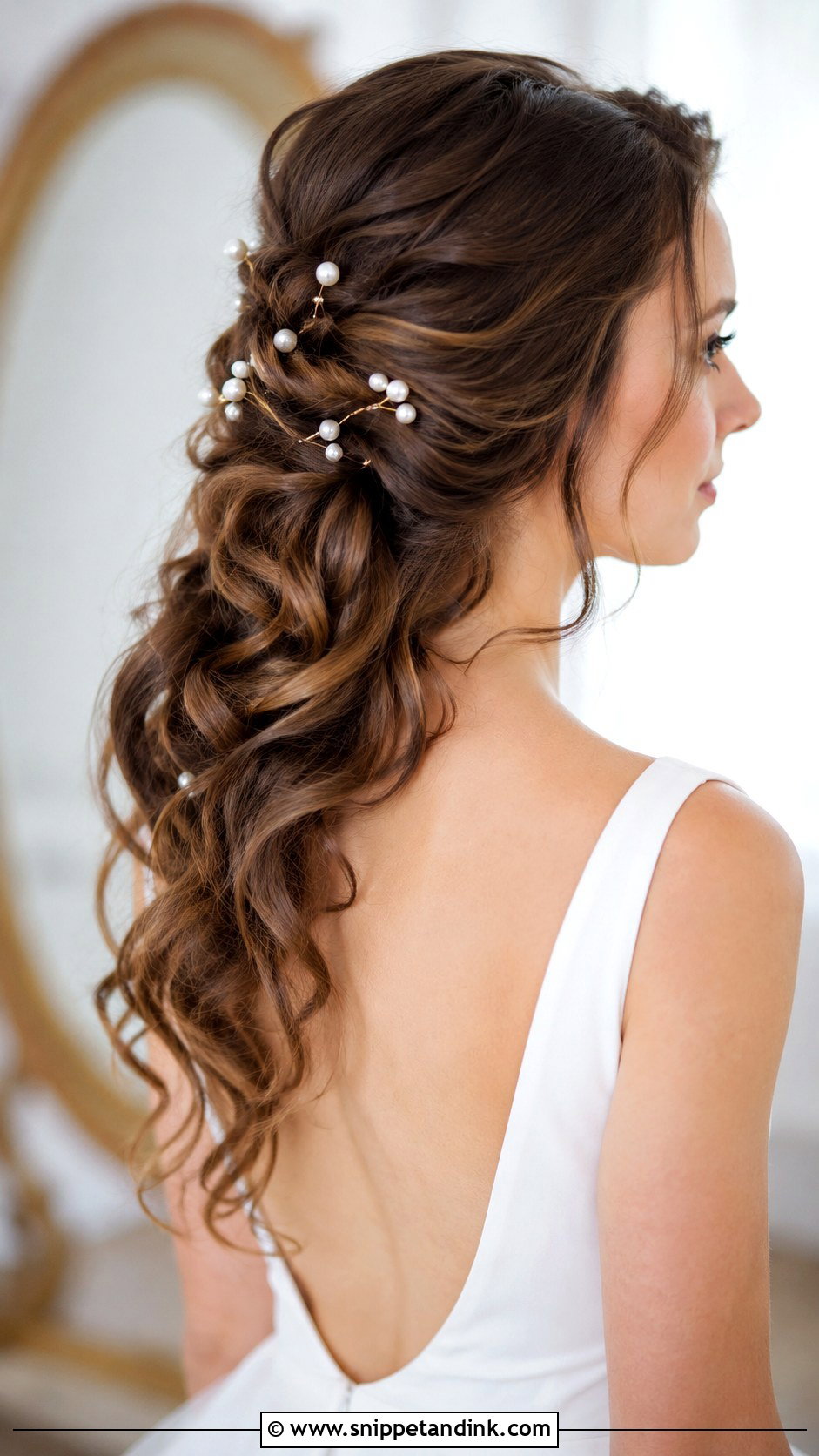 Loose Curls With Pearl Hair Pins Wedding Hairstyle - Snippet and Ink - 20 Loose Curls Wedding Hairstyles