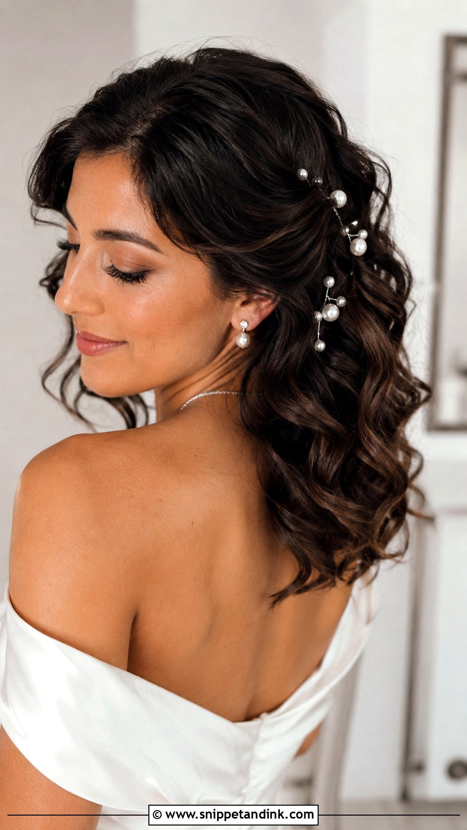 Loose Curls With Pearl Pins Medium Length Wedding Hair - Snippet and Ink - 15 Loose Curls Medium Length Wedding Hair