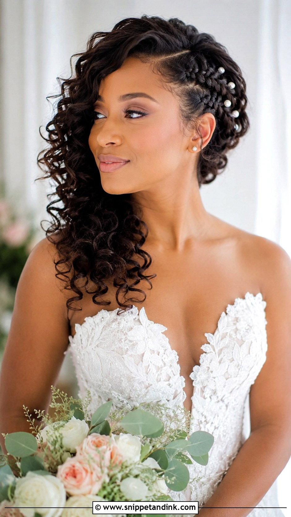 Loose Curls With Side Braid Wedding Hairstyle - Snippet and Ink - 20 Natural Hairstyles for Brides