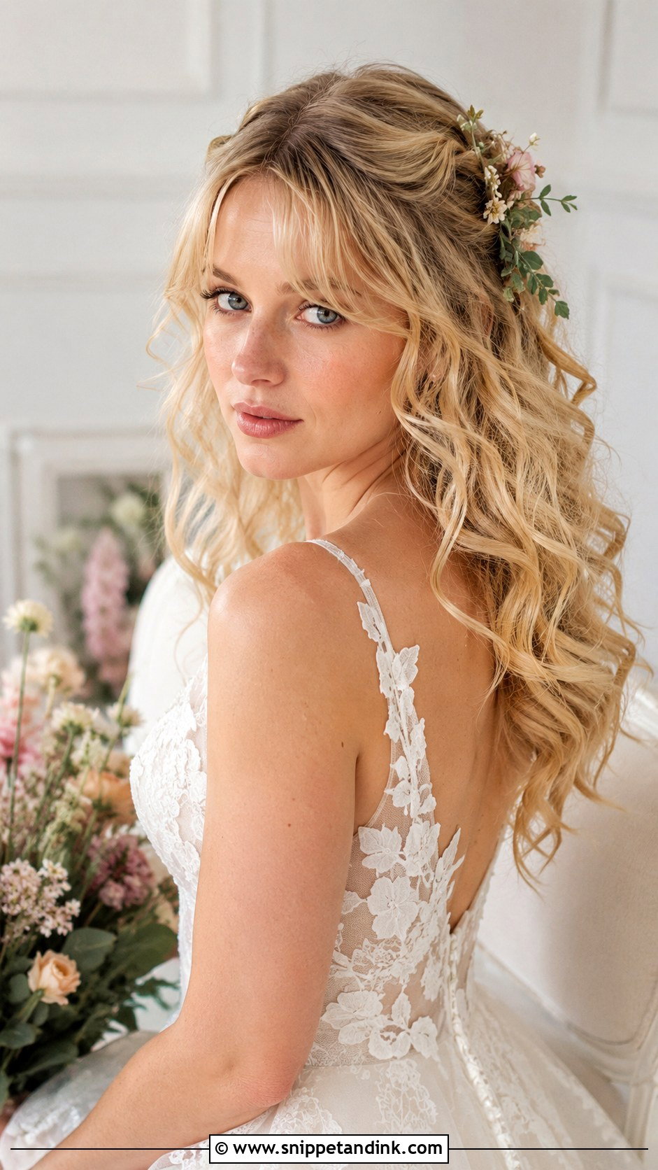 Loose Curls With Wispy Curtain Bangs - Snippet and Ink - 20 Hairstyle with Bangs for Wedding Ideas