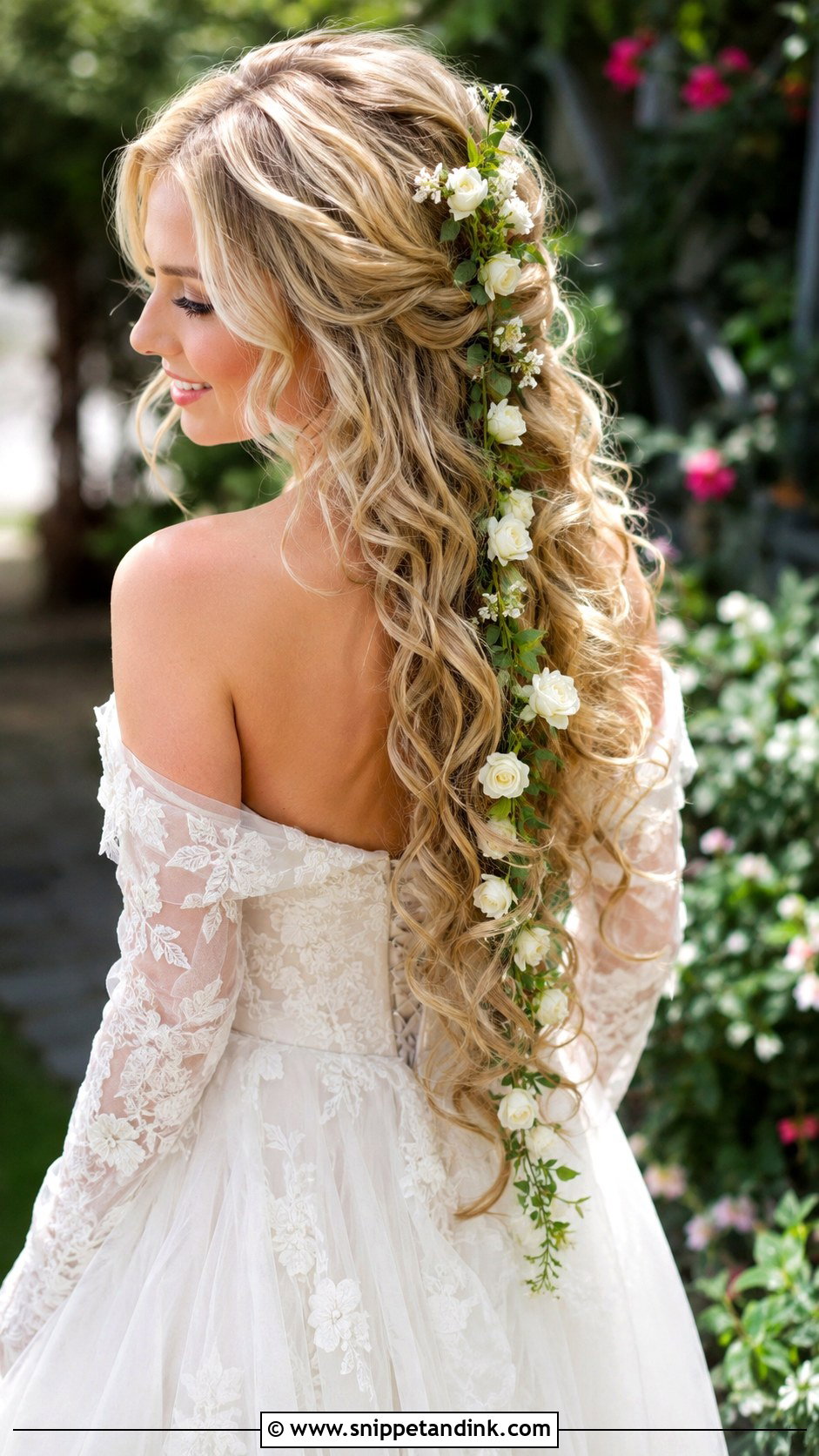 Loose Curls With a Floral Vine - Snippet and Ink - 20 Mamma Mia Wedding Hair Ideas