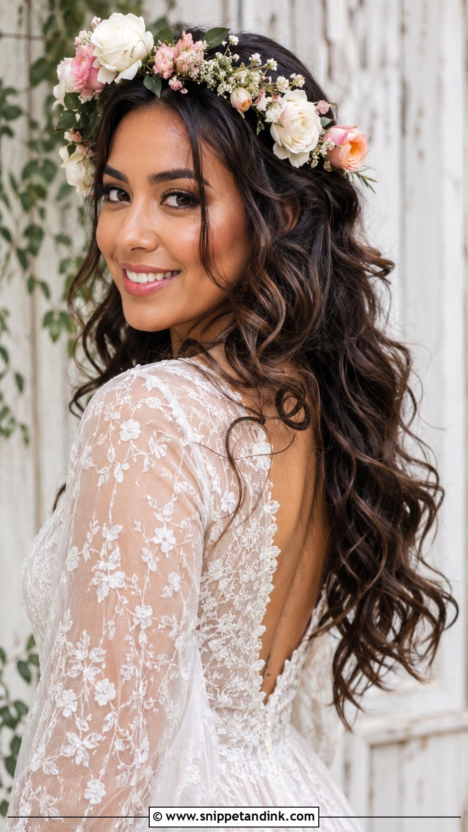 Loose Curls With a Flower Crown - Snippet and Ink - 20 Long Curled Hairstyles for Wedding