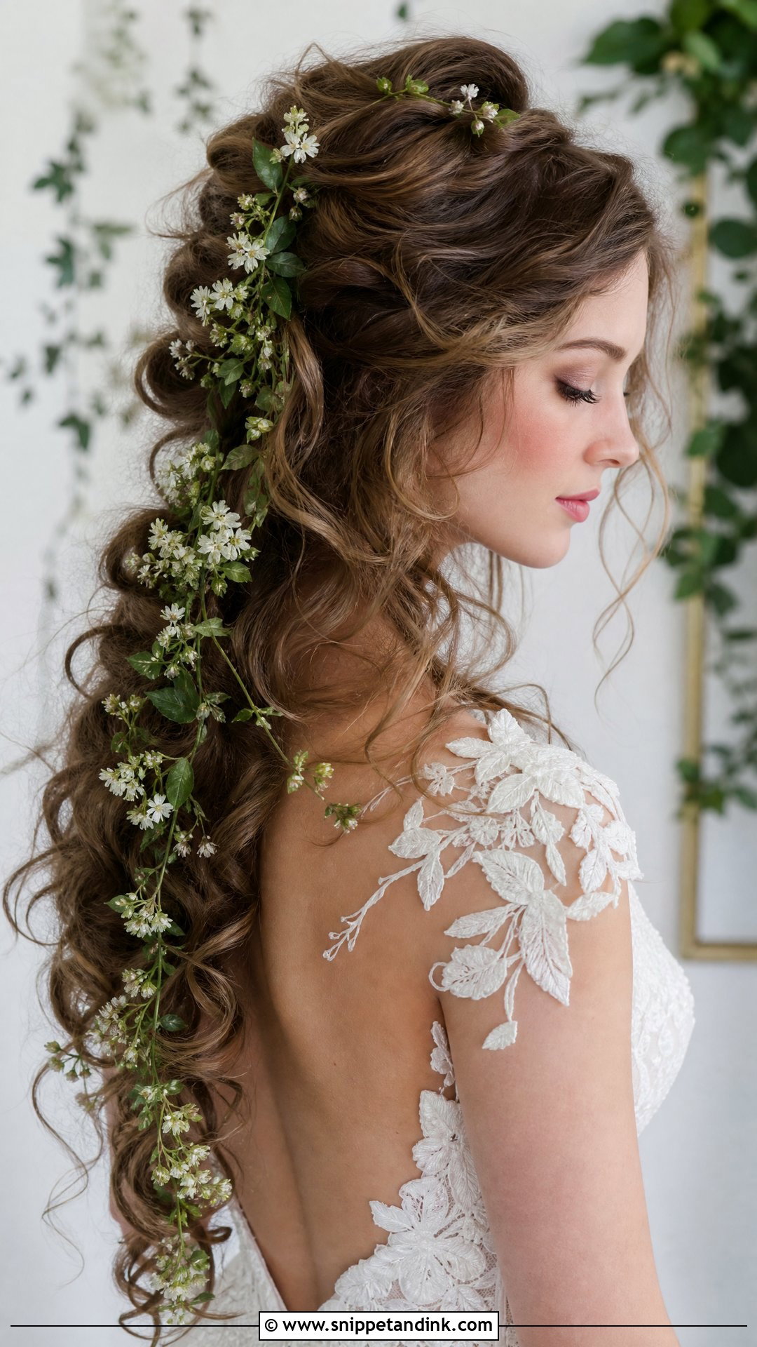 Loose Curls With a Flower Vine - Snippet and Ink - 20 Wedding Hair Down with Flowers