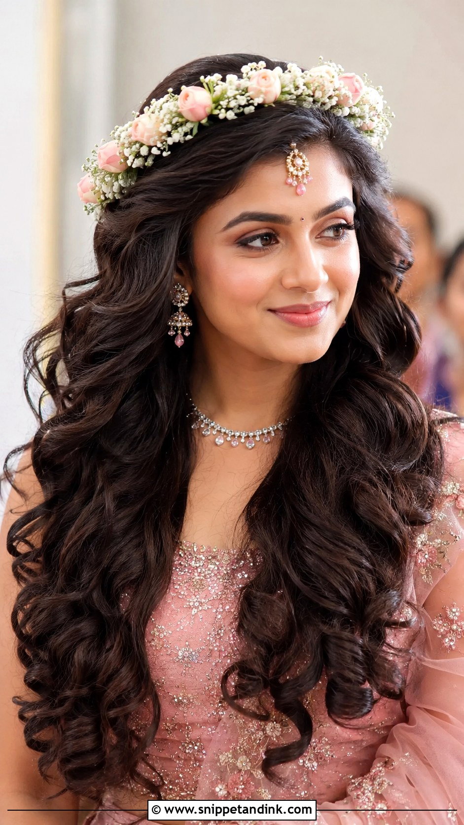 Loose Curls with Floral Crown - Snippet and Ink - 25 South Indian Bride Muhurtham Hairstyle Ideas