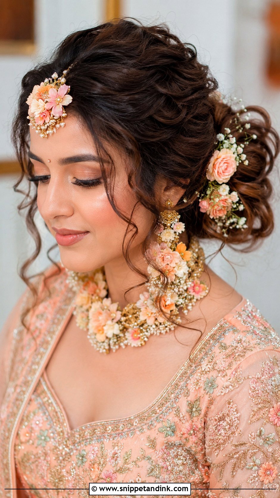 Loose Curly Bun With Flowers - Snippet and Ink - 25 Indian Front Look Bridal Bun Hairstyles