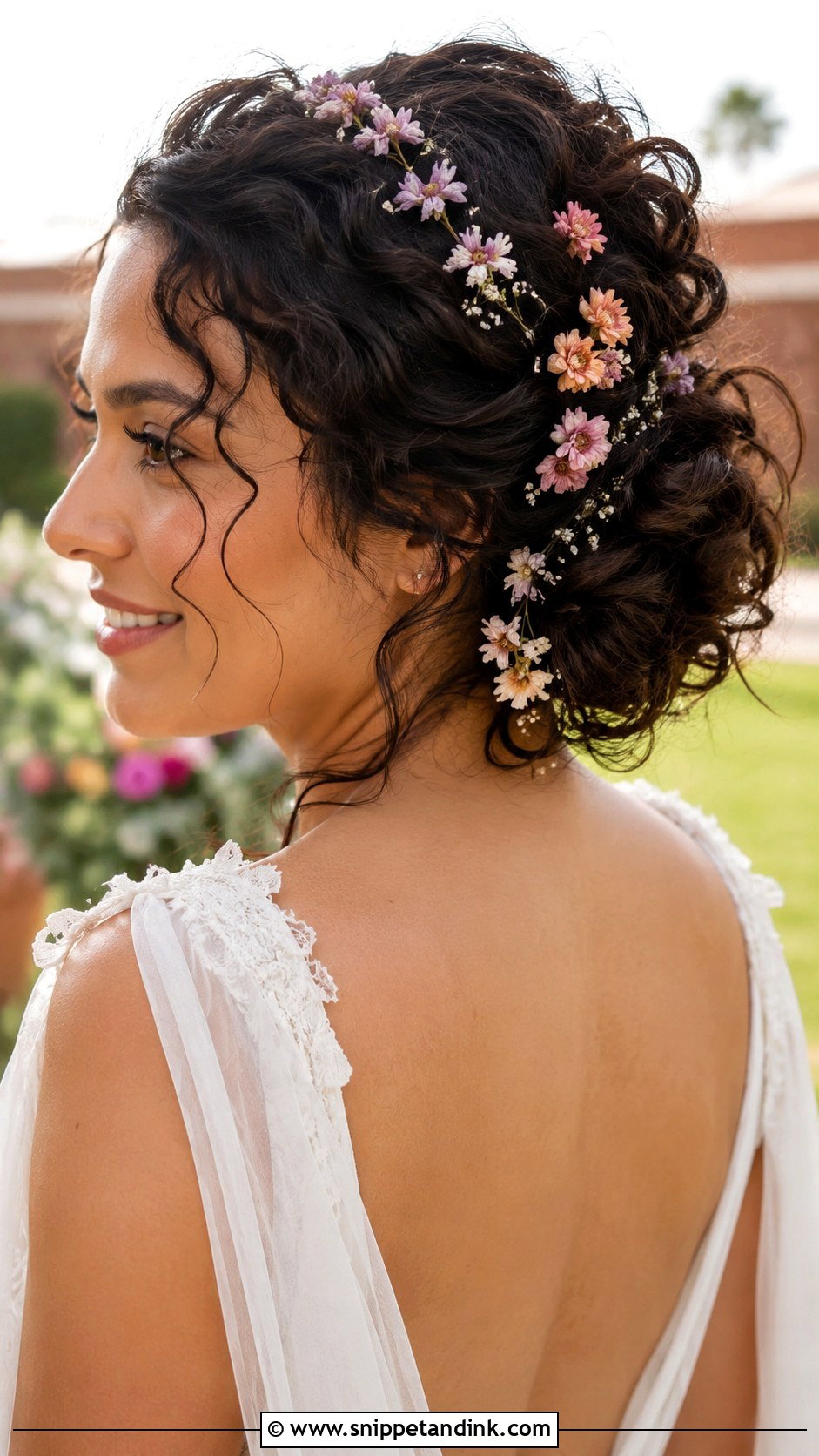 Loose Curly Bun with Flowers - Snippet and Ink - 20 Bridal Hair Buns with Flowers