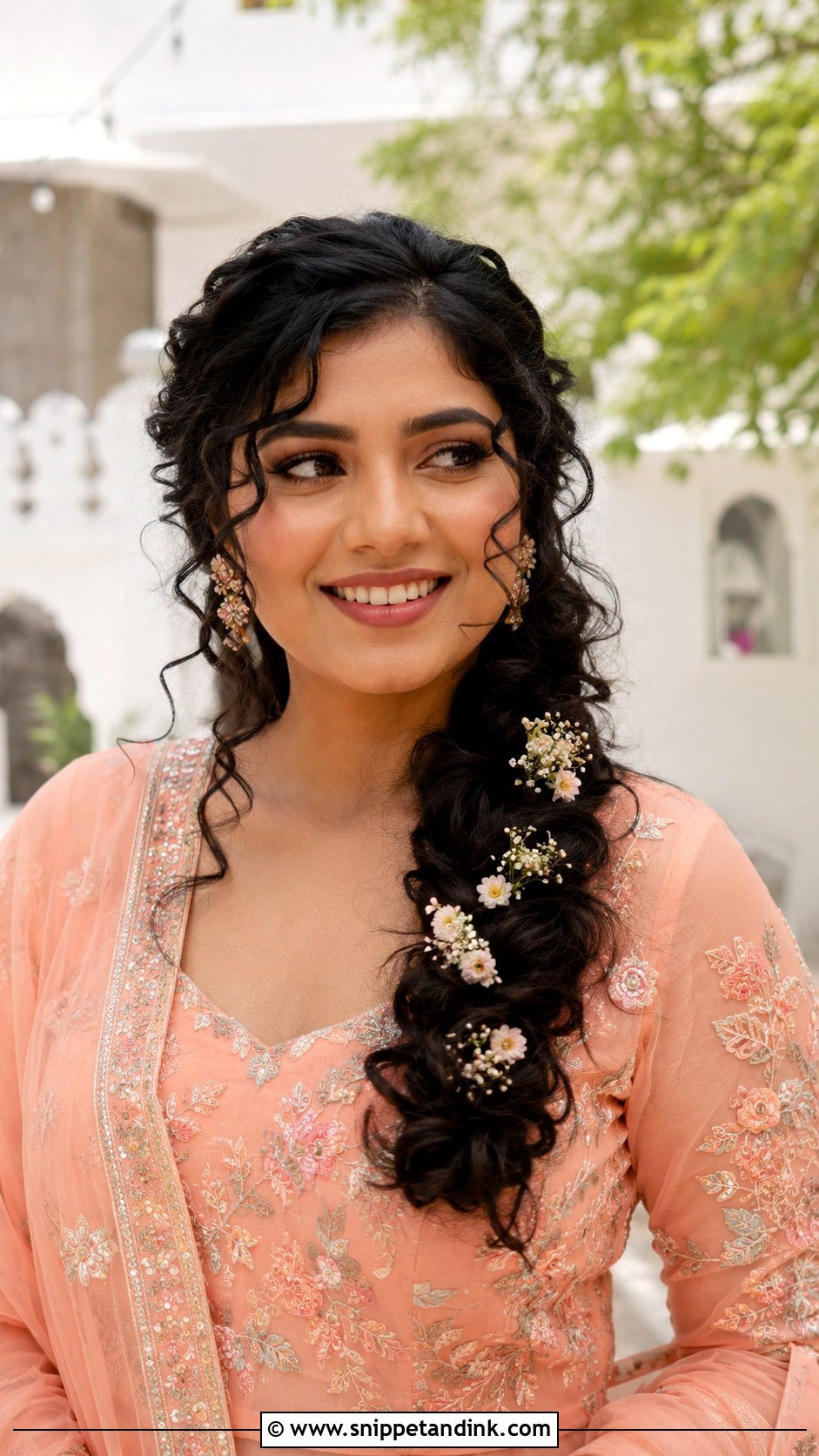 Loose Curly Side Braid for Indian Wedding - Snippet and Ink - 25 Curls Open Hairstyles Indian Wedding
