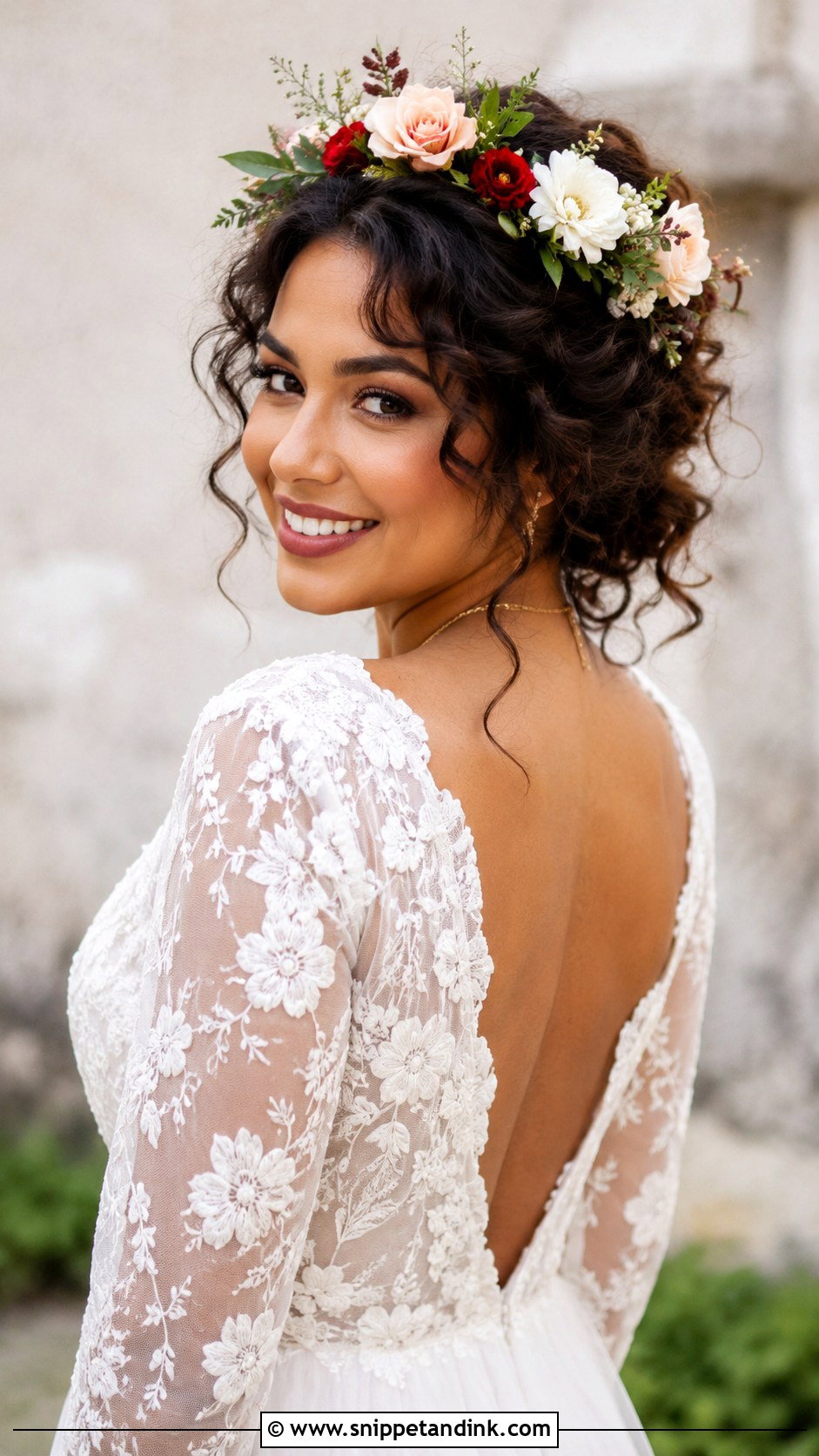 Loose Curly Updo With Flower Crown - Snippet and Ink - 20 Bridal Updo with Headband Ideas