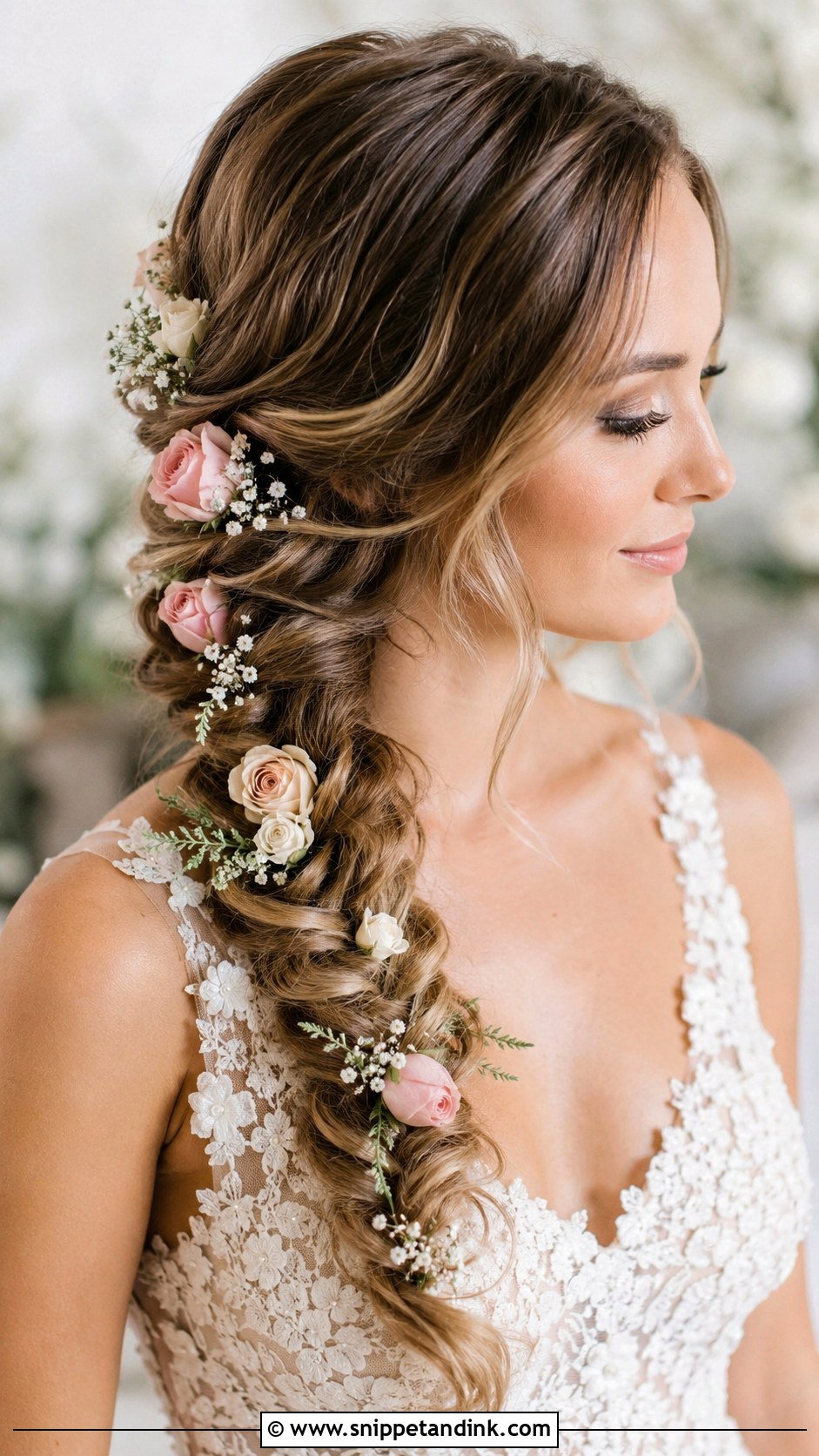 Loose Fishtail Braid With Flowers Wedding Hair - Snippet and Ink - 20 Loose Braid Wedding Hair Ideas