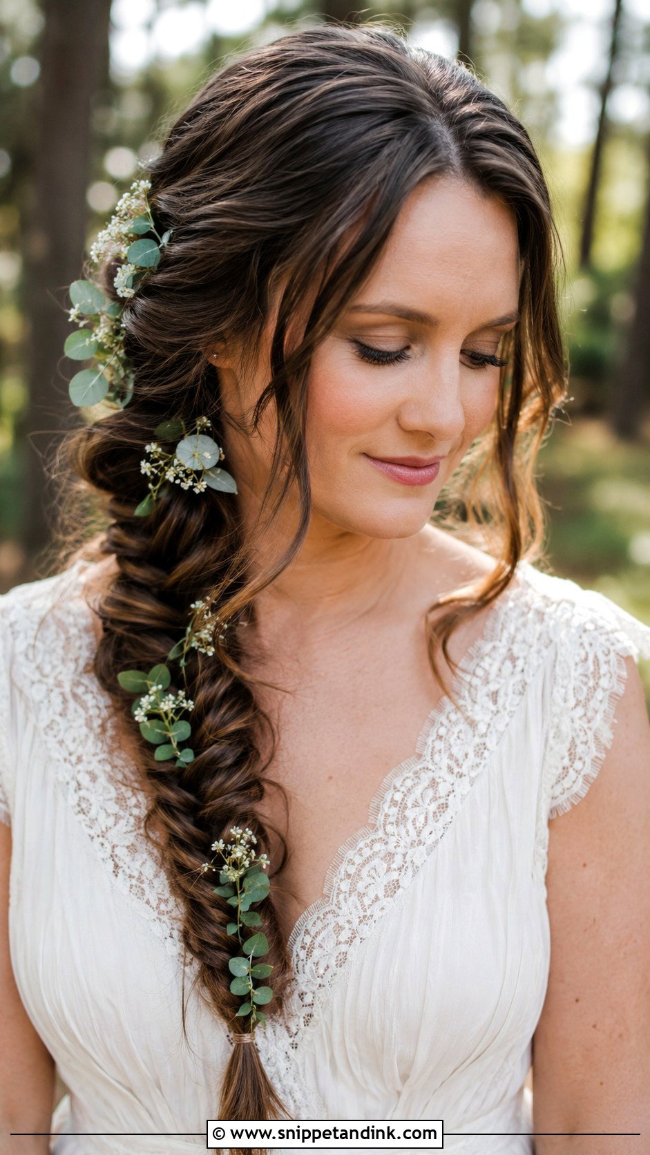 Loose Fishtail Braid With Greenery - Snippet and Ink - 20 Flowers in Hair Wedding