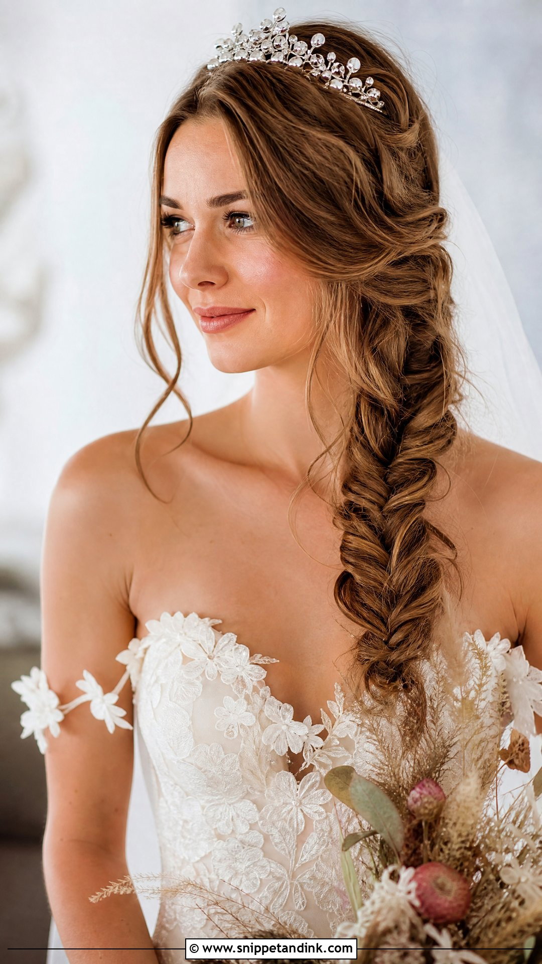 Loose Fishtail Braid With Tiara - Snippet and Ink - 20 Wedding Hairstyles with Tiara
