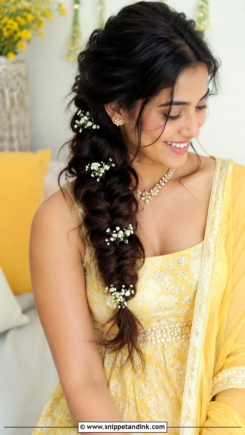 Loose Fishtail With Babys Breath - Snippet and Ink - 25 Haldi Bride Hairstyle Ideas