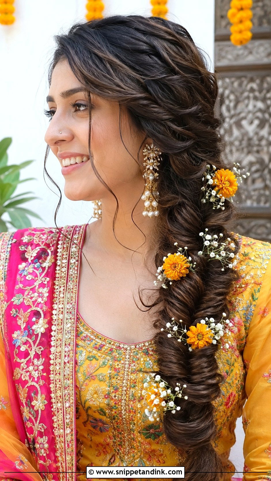 Loose Fishtail With Flowers - Snippet and Ink - 20 Mehendi Bride Hairstyle Ideas