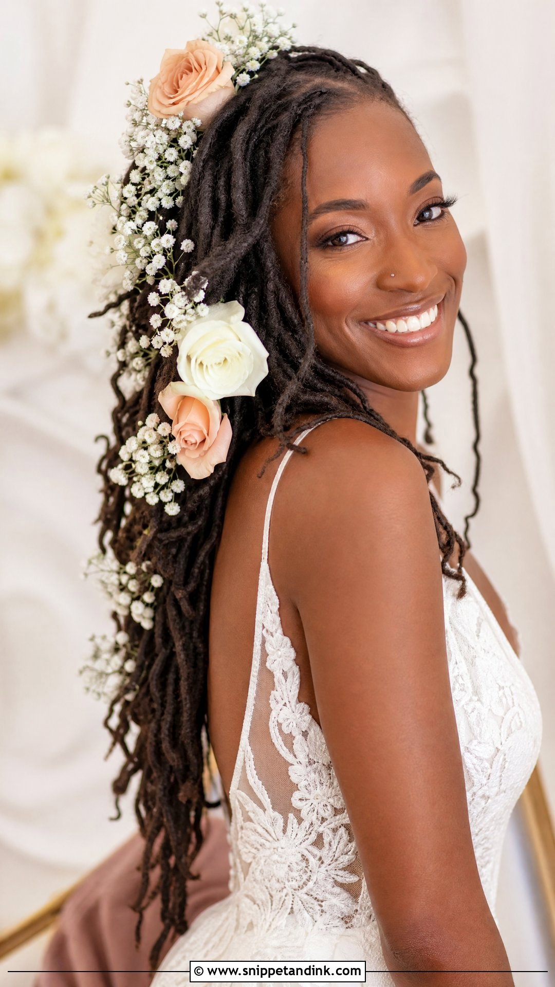 Loose Flowing Locs With Fresh Flowers - Snippet and Ink - 20 Loc Bridal Hairstyles