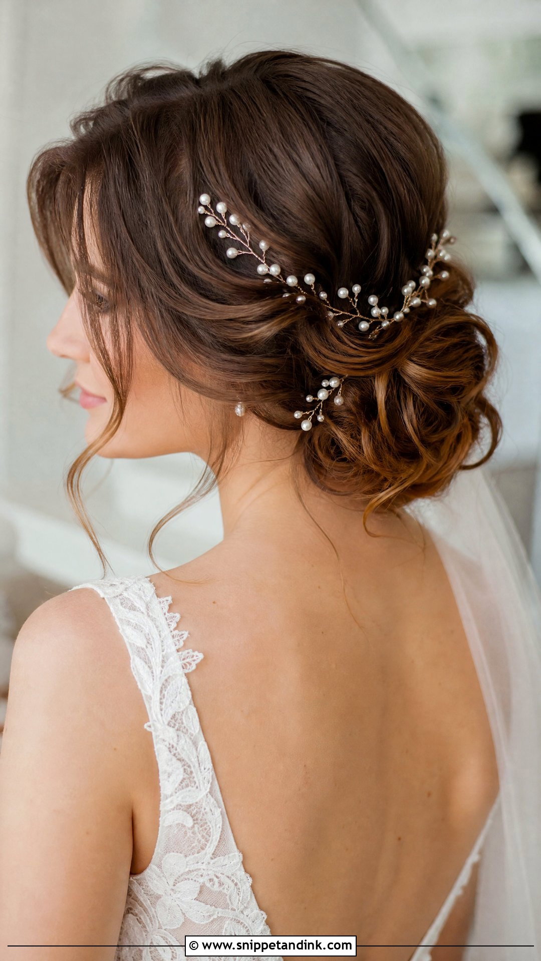 Loose Knot Updo With Pearl Vine - Snippet and Ink - 20 Bridal Updo with Headpiece Ideas