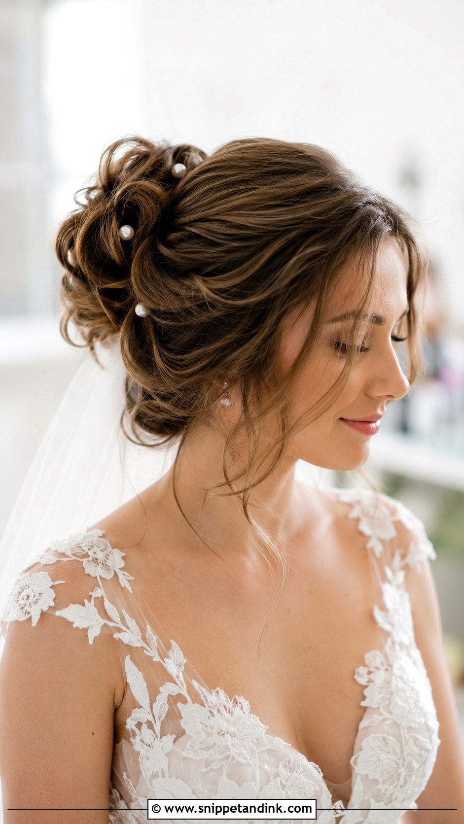 Loose Knotted Updo With Wispy Curtain Bangs - Snippet and Ink - 20 Wedding Updo with Bangs Ideas
