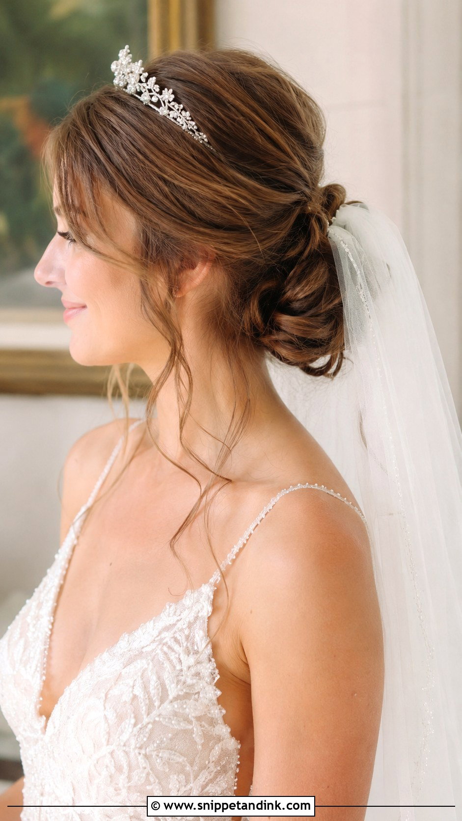 Loose Low Bun With Tiara and Veil - Snippet and Ink - 20 Bridal Hair with Tiara Ideas