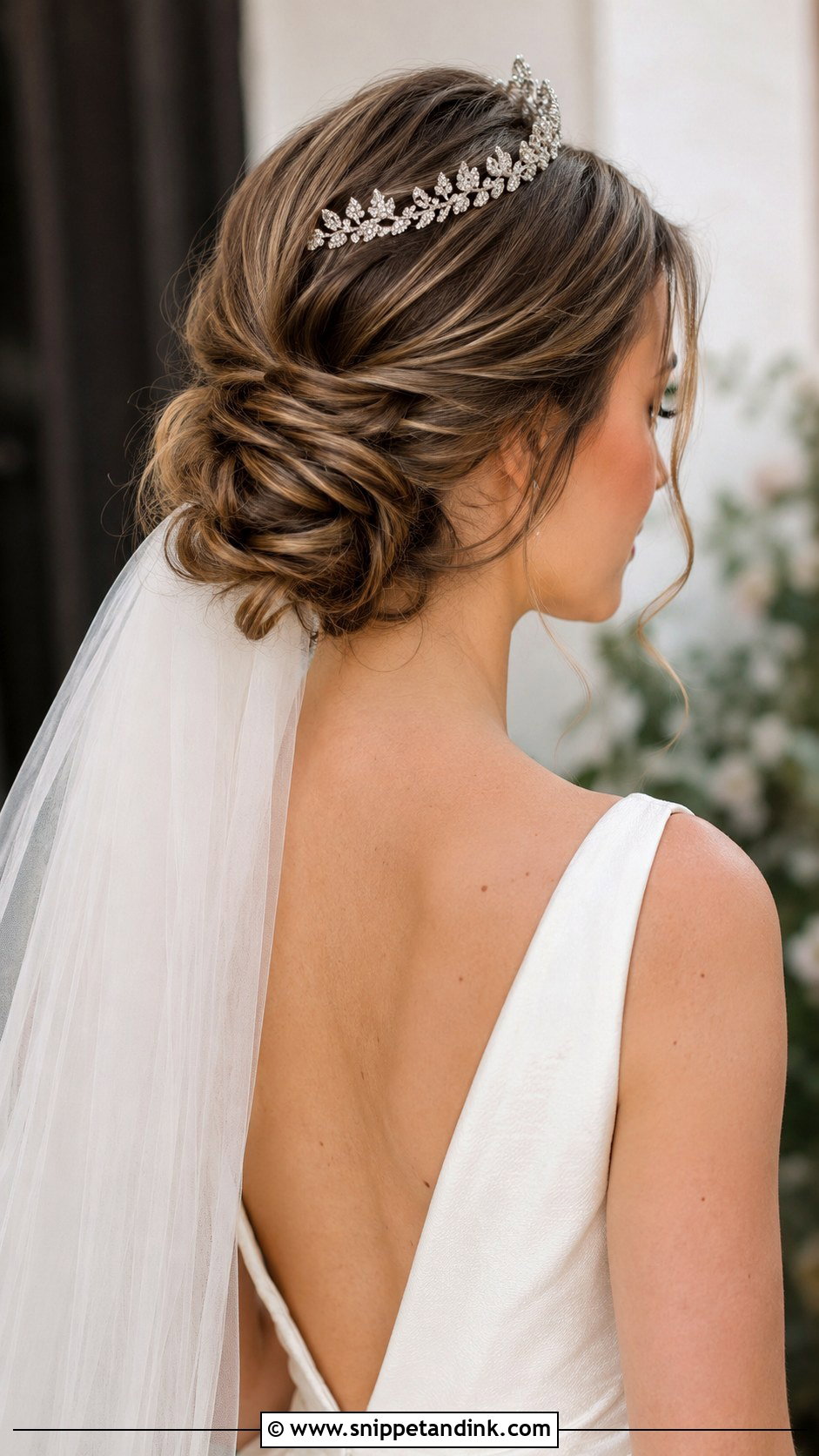 Loose Low Bun With Veil and Tiara - Snippet and Ink - 25 Wedding Hair with Tiara Ideas