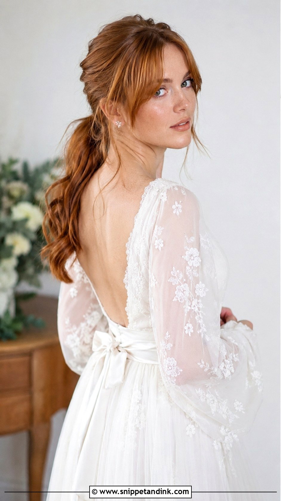 Loose Low Ponytail With Curtain Bangs - Snippet and Ink - 20 Hairstyles with Bangs for Wedding