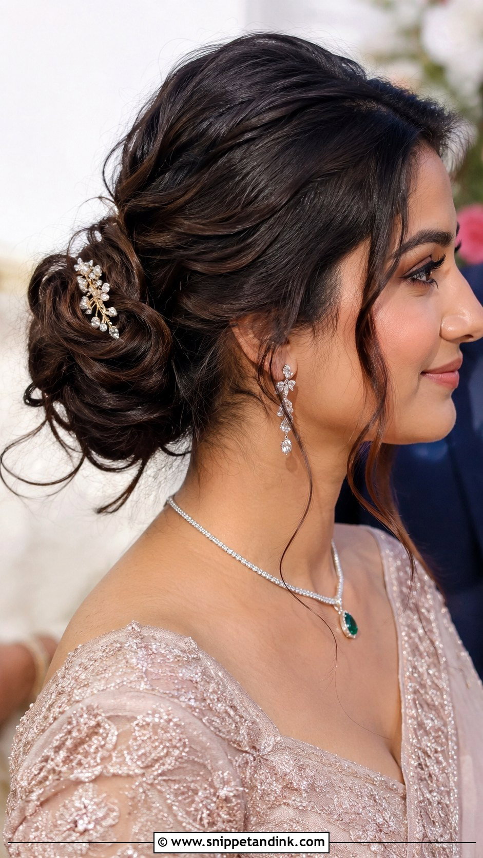 Loose Romantic Bun With Wispy Strands - Snippet and Ink - 20 Ban Hairstyle Indian Wedding Ideas