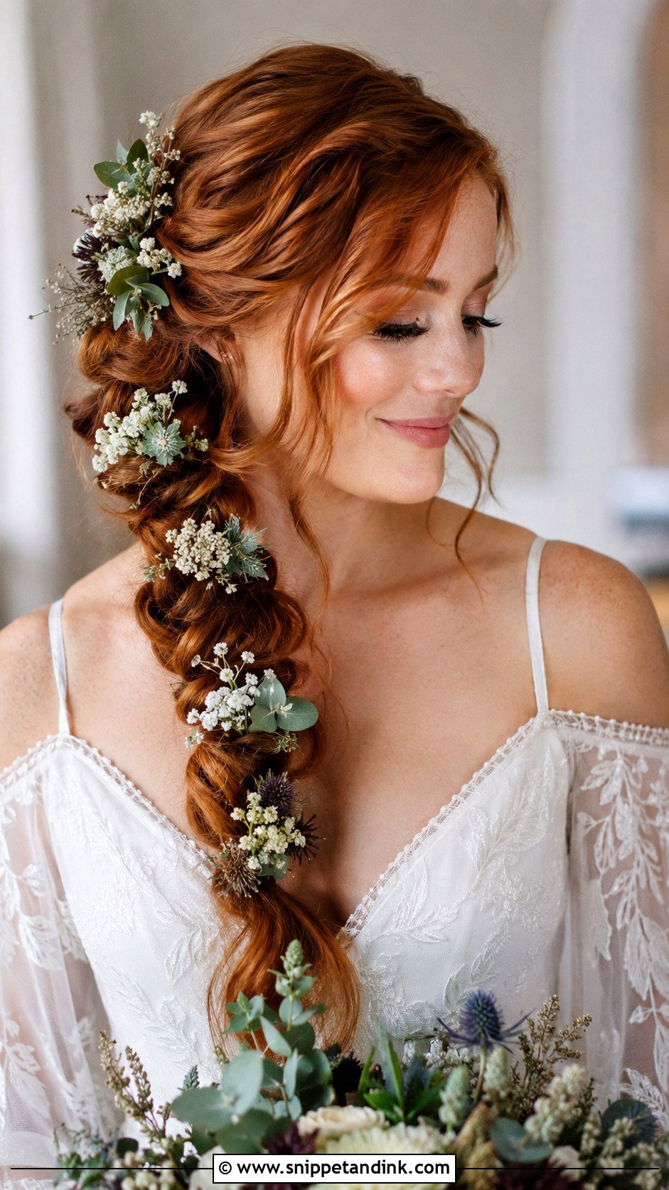Loose Side Braid With Floral Accents - Snippet and Ink - 20 Wedding Braids for Long Hair