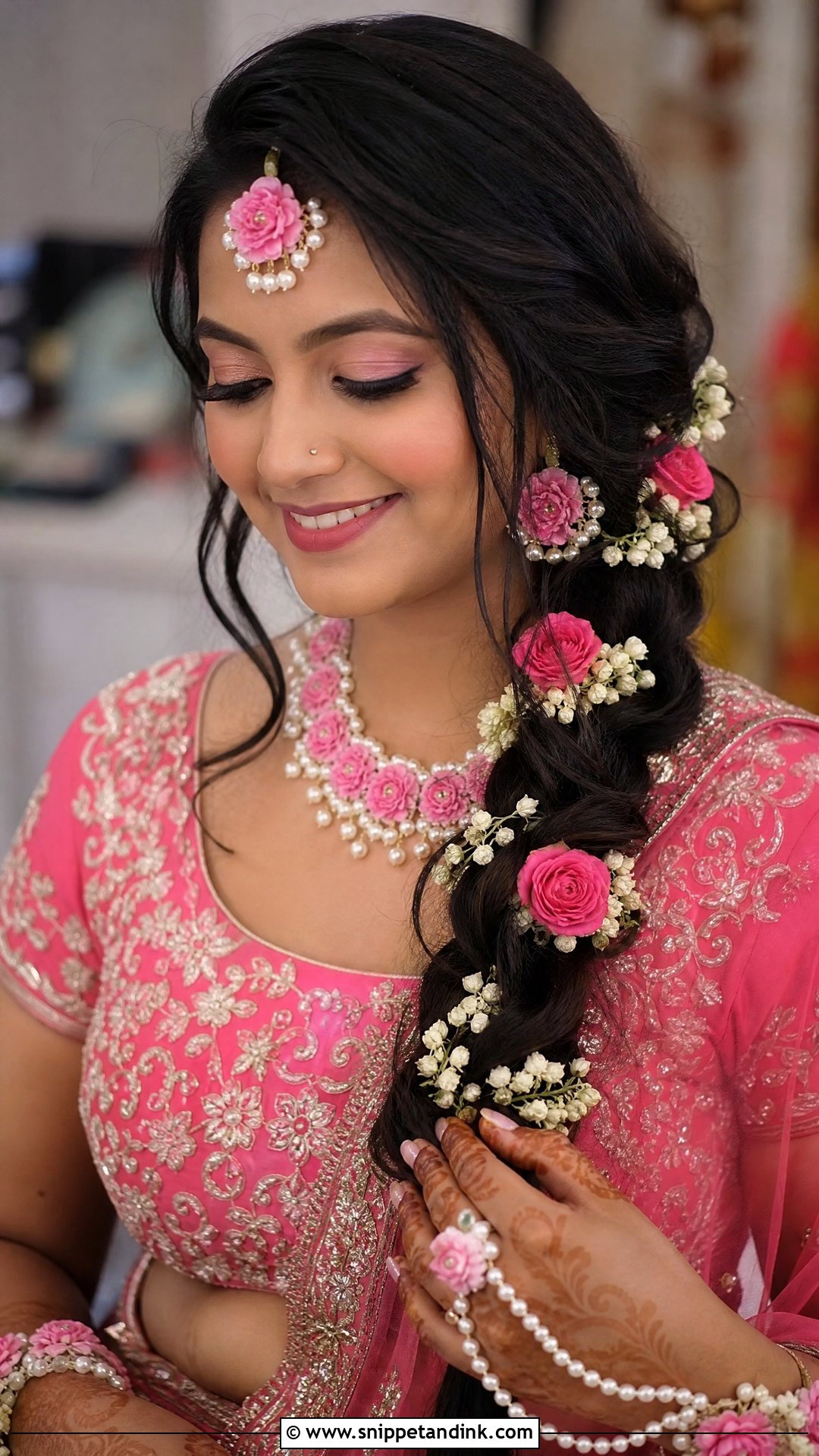 Loose Side Braid With Flowers - Snippet and Ink - 20 Loose Indian Wedding Hairstyles