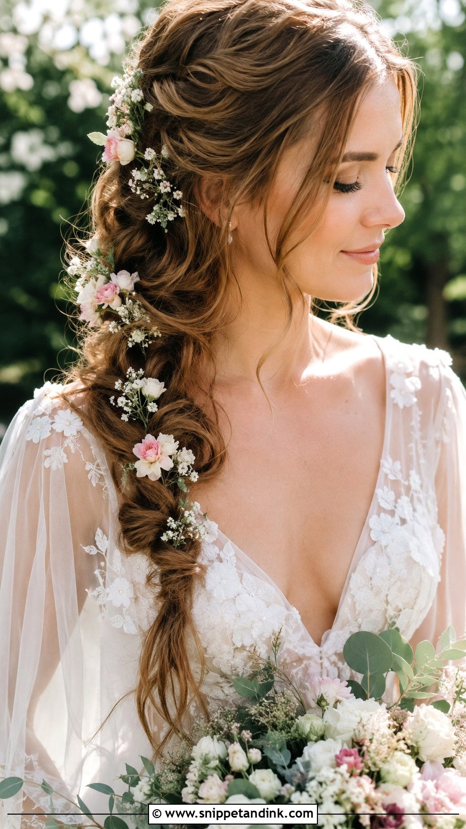 Loose Side Braid With Flowers - Snippet and Ink - 20 Wedding Hair Down with Braid Ideas