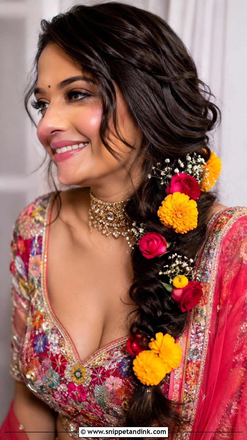 Loose Side Braid With Fresh Flowers - Snippet and Ink - 25 Mehndi Hairstyles for Bride Sister