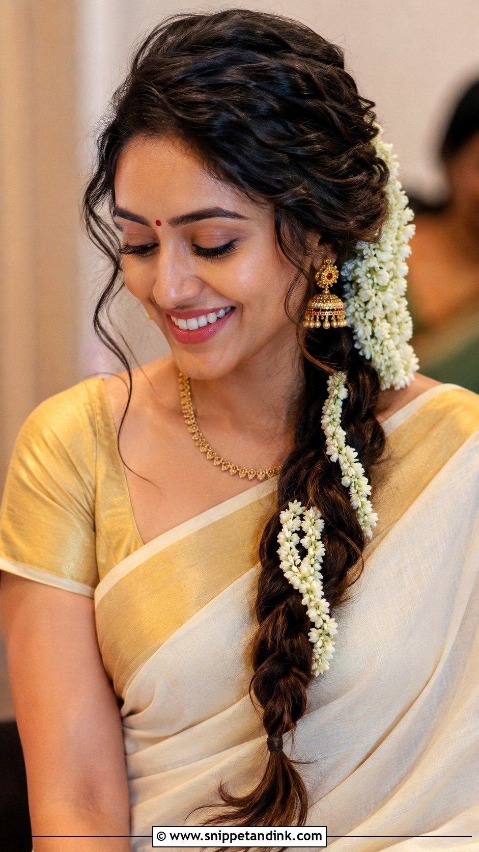 Loose Side Braid With Jasmine - Snippet and Ink - 30 Kerala Bride Hairstyles