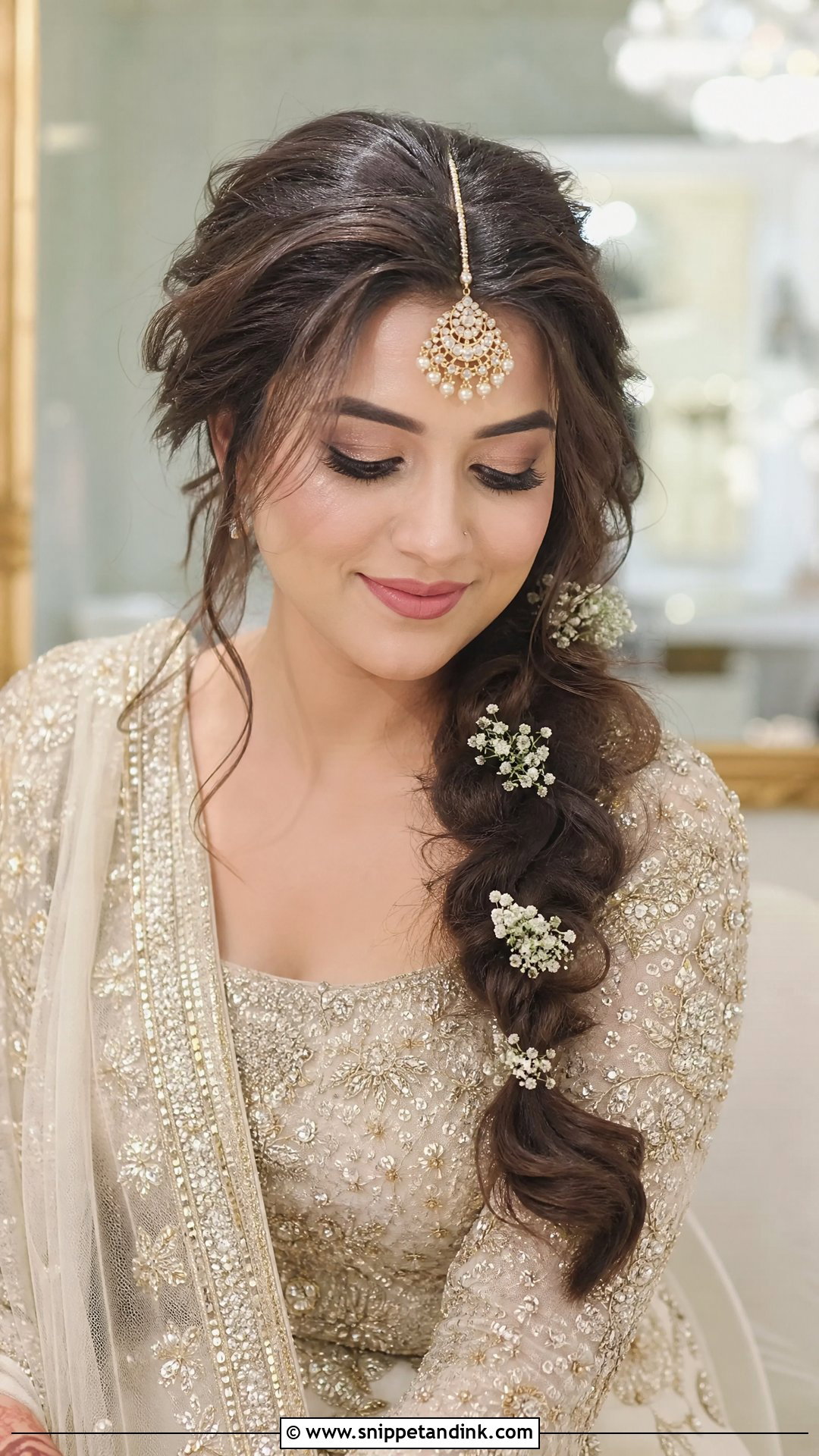 Loose Side Braid With Maang Tikka - Snippet and Ink - 20 Pakistani Bridal Hairstyles Nikah