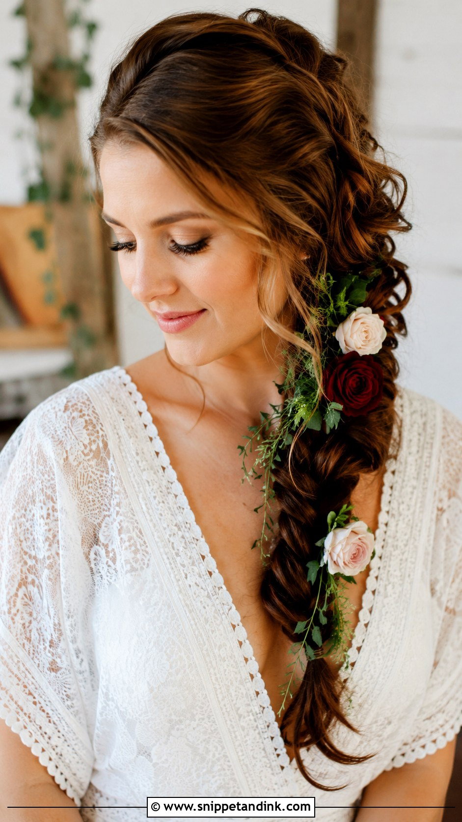 Loose Side Braid With Roses and Greenery - Snippet and Ink - 20 Bride Hairstyles with Flowers