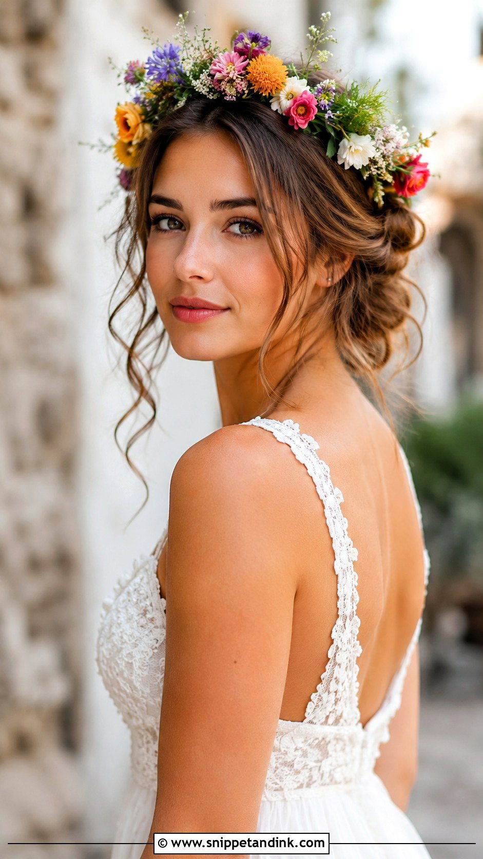 Loose Updo With Flower Crown - Snippet and Ink - 30 Loose Updo Wedding Ideas