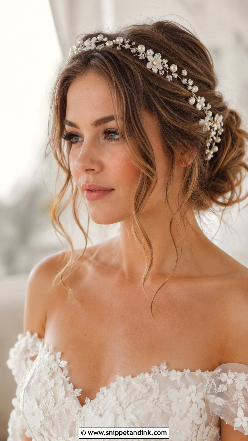 Loose Updo With Pearl And Floral Headband - Snippet and Ink - 20 Hairband Wedding Hairstyle Ideas