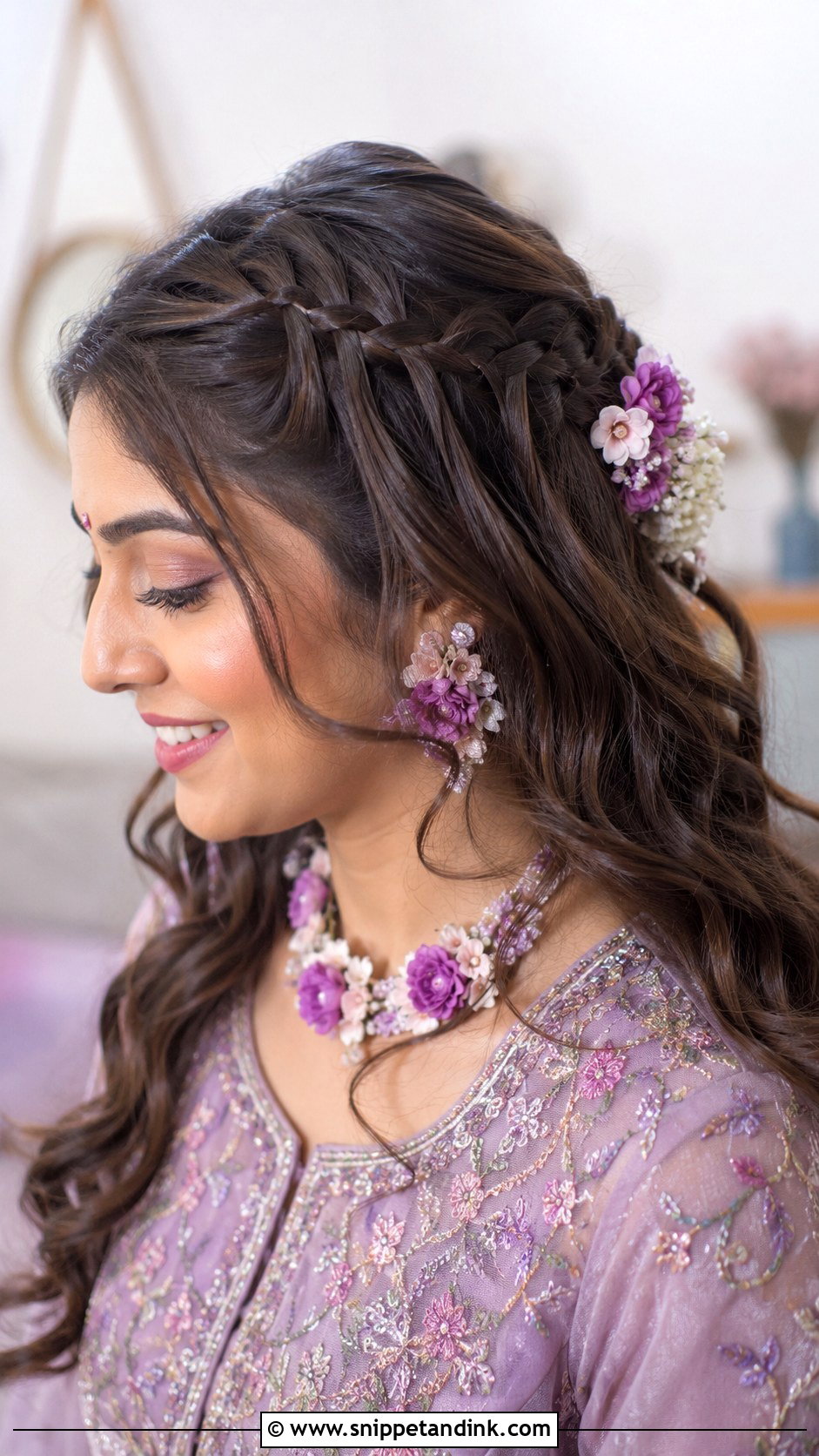 Loose Waterfall Braid With Waves - Snippet and Ink - 25 Indian Wedding Hairstyle for Chubby Face Ideas